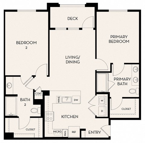 Floor plan for 2 beds, 2 baths, 1127 sqft